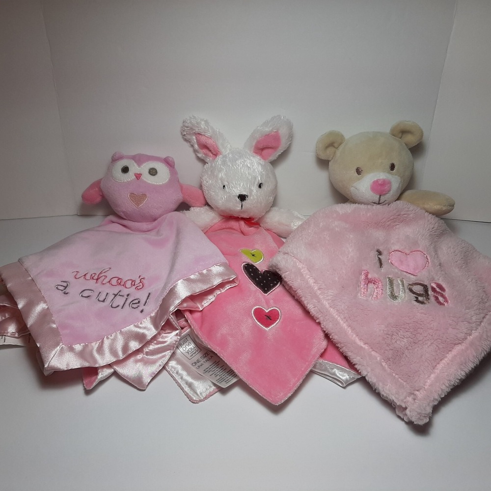 Baby Girl Lovey Plush Pink Security Blanket Lovey Nunu Bunny Owl Bear 3 Blankets